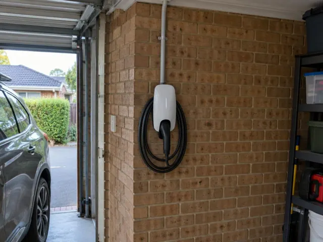 Wall-mounted EV charger on a brick garage wall beside a parked car in Cardiff