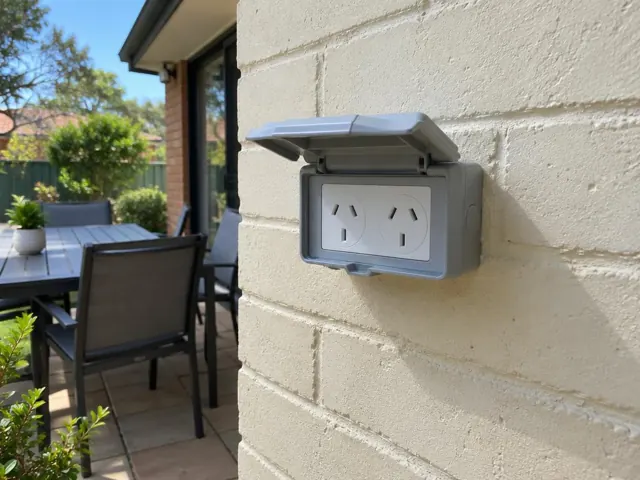 Outdoor double power point with weatherproof cover on a painted brick wall beside a patio in Glendale